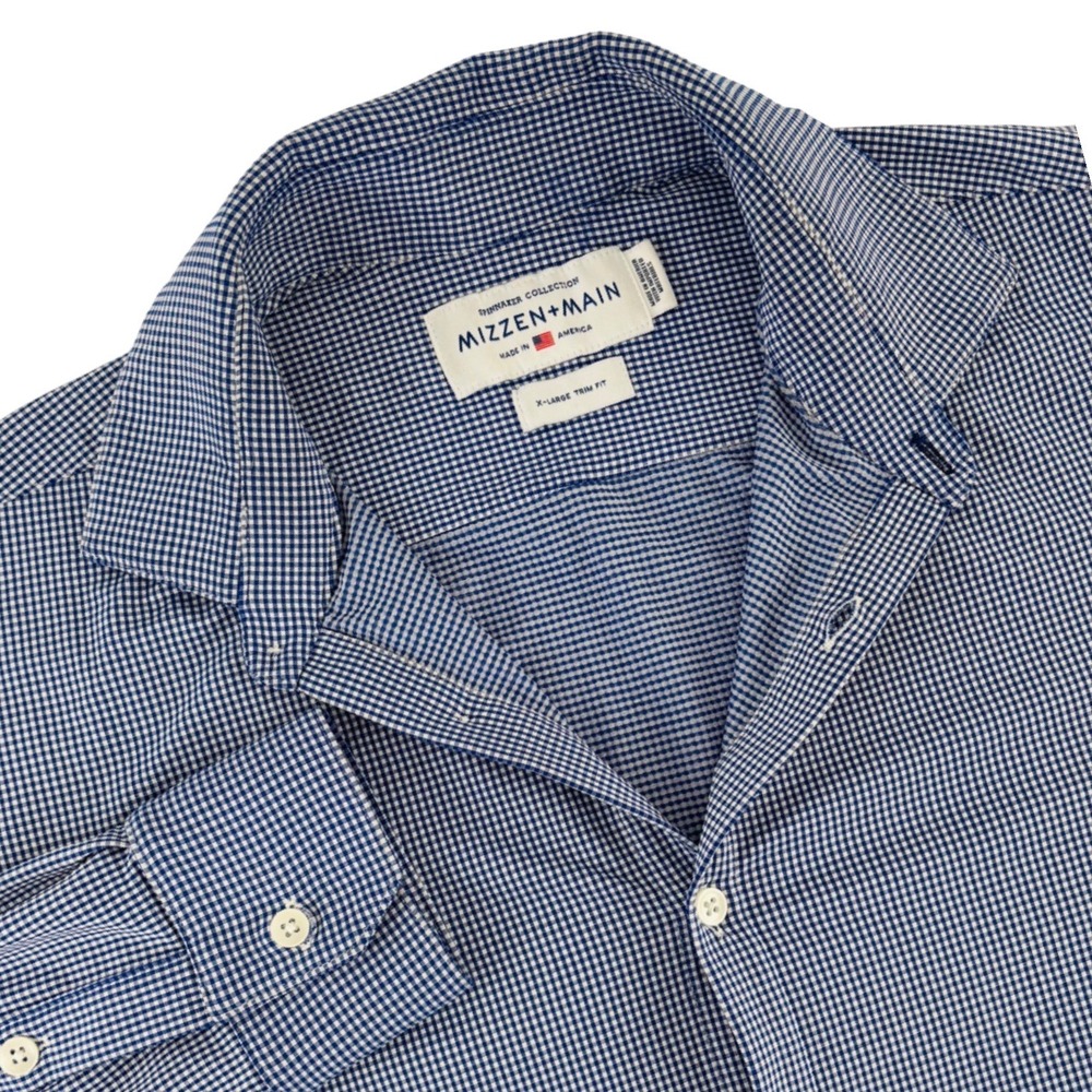 Mizzen+Main Spinnaker Gingham Performance Shirt Mens XL Trim‎ Fit Blue White
